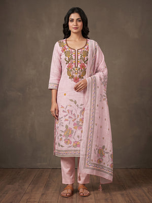 Peachmode Pink Floral Embroidered Linen Cotton Dress Material - Image 1