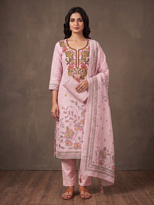 Peachmode Pink Floral Embroidered Linen Cotton Dress Material - Image 2
