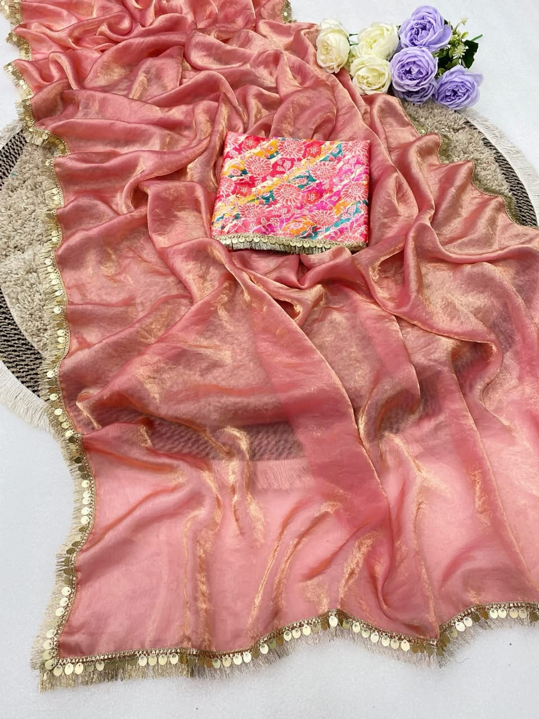 Peachmode Peach Two Tone Satin Saree - Image 3