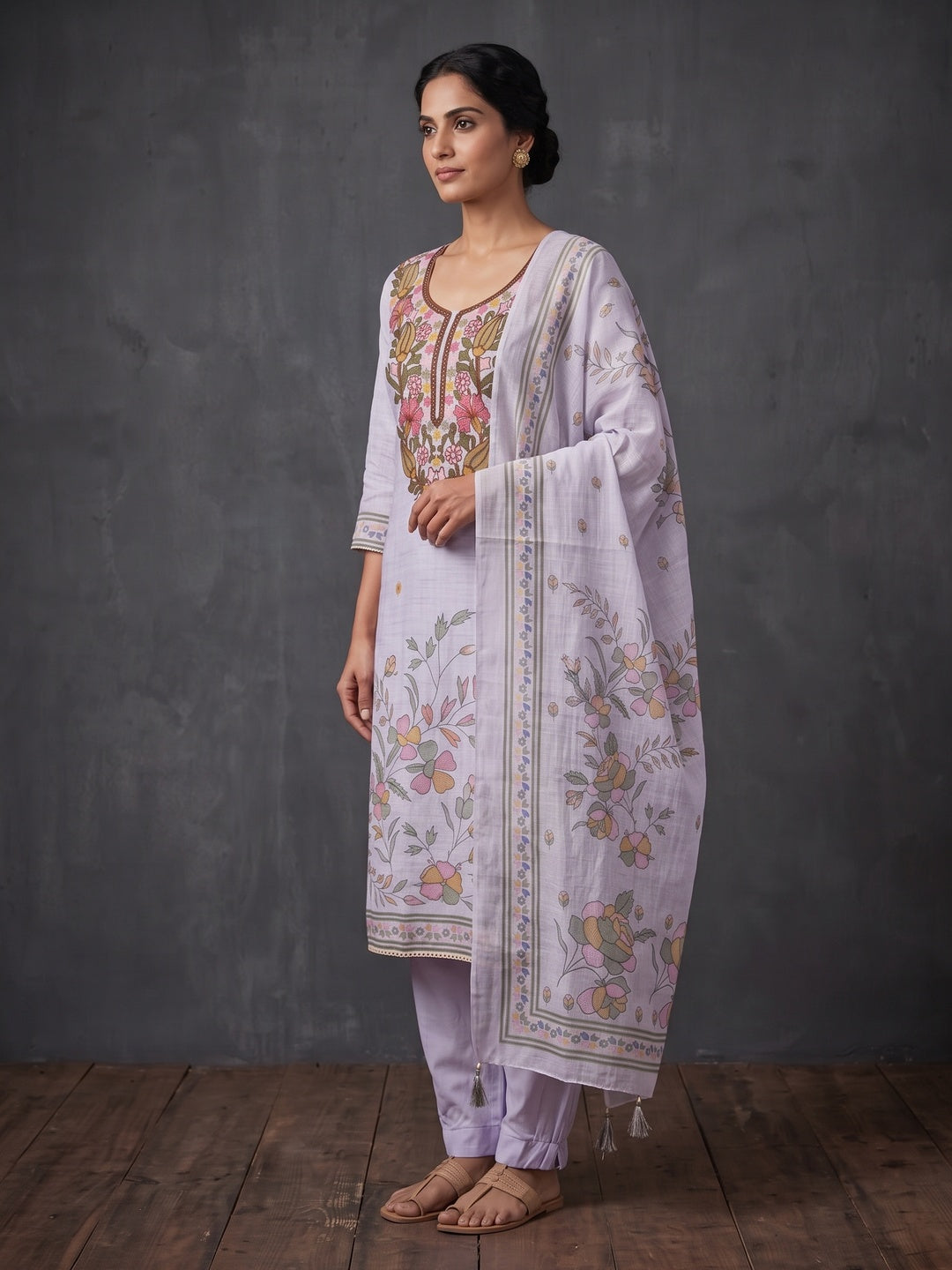 Peachmode Lavender Floral Embroidered Linen Cotton Dress Material - Image 3
