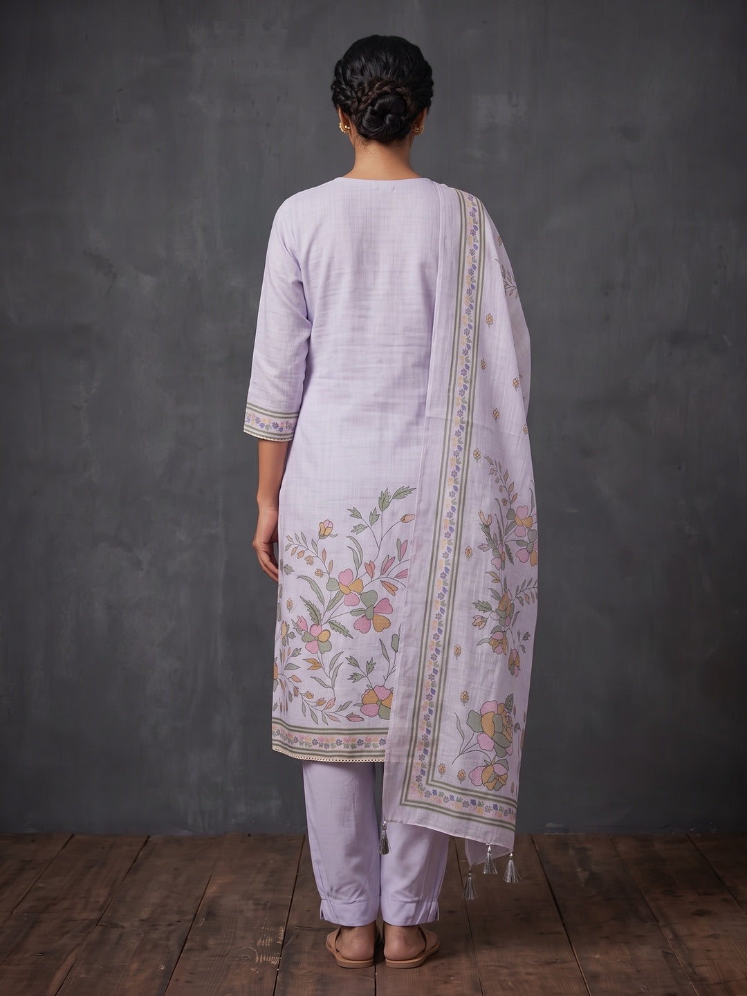 Peachmode Lavender Floral Embroidered Linen Cotton Dress Material - Image 5