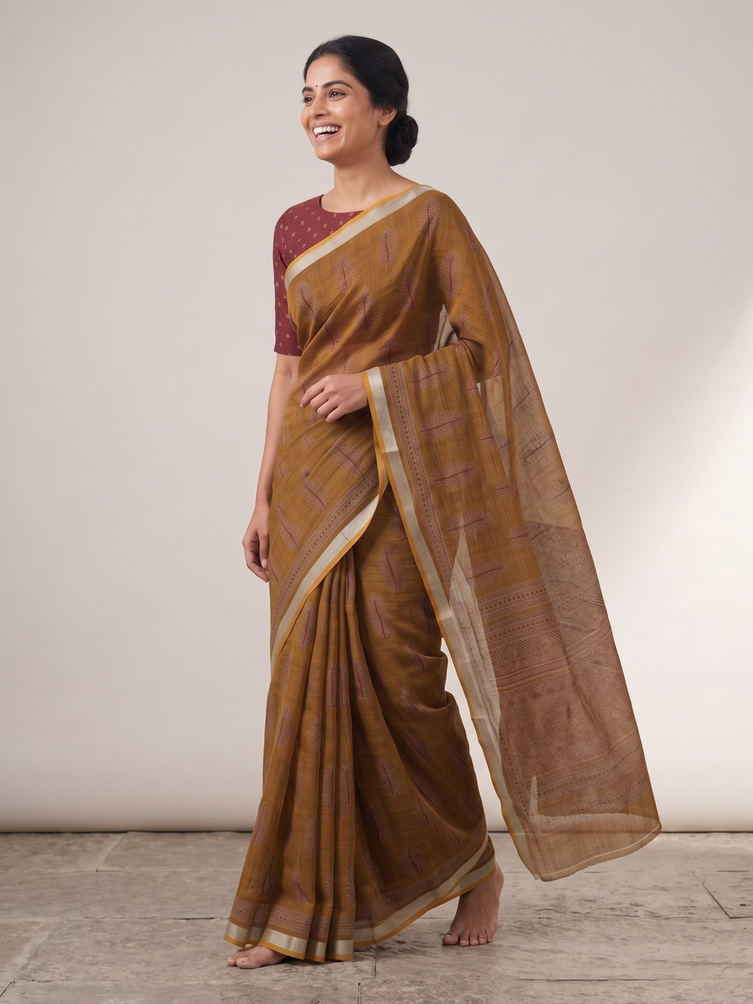Classic Mustard Linen Cotton Saree Featuring Floral Ajrakh Print & Rich Silver Zari Border - Image 4