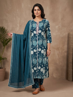 Teal Cambric Cotton Floral Printed Salwar Suit Set - Image 1