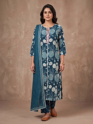 Teal Cambric Cotton Floral Printed Salwar Suit Set - Image 2