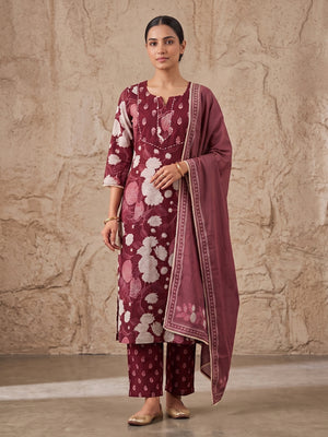 Maroon Cambric Cotton Floral Printed Salwar Suit Set - Image 2
