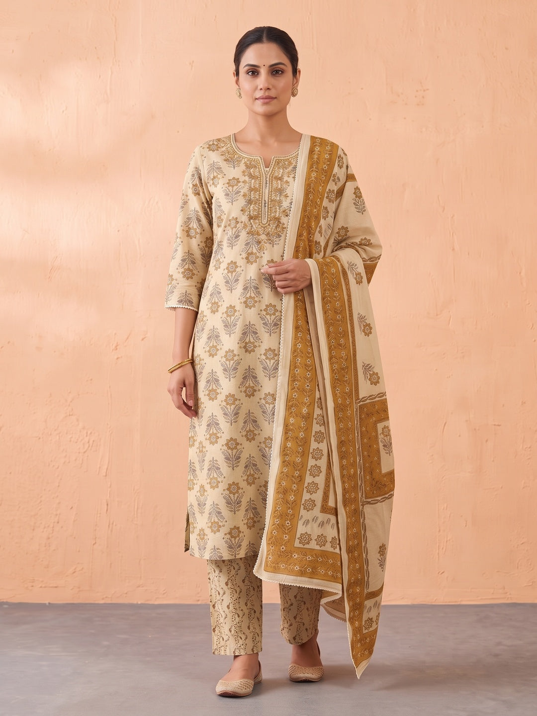 Cream Cotton Floral Block Printed Salwar Suit Set - Image 2