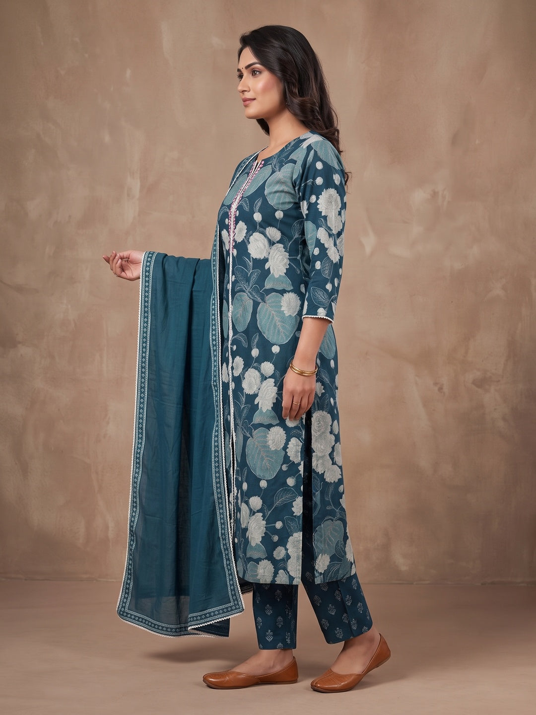 Teal Cambric Cotton Floral Printed Salwar Suit Set - Image 3