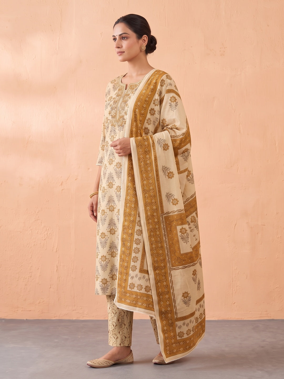 Cream Cotton Floral Block Printed Salwar Suit Set - Image 3