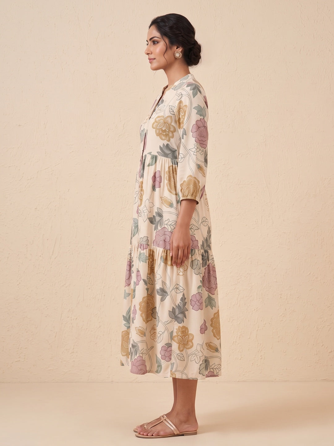 Off White Crepe Multicolor Floral Printed Midi Dress - Image 3