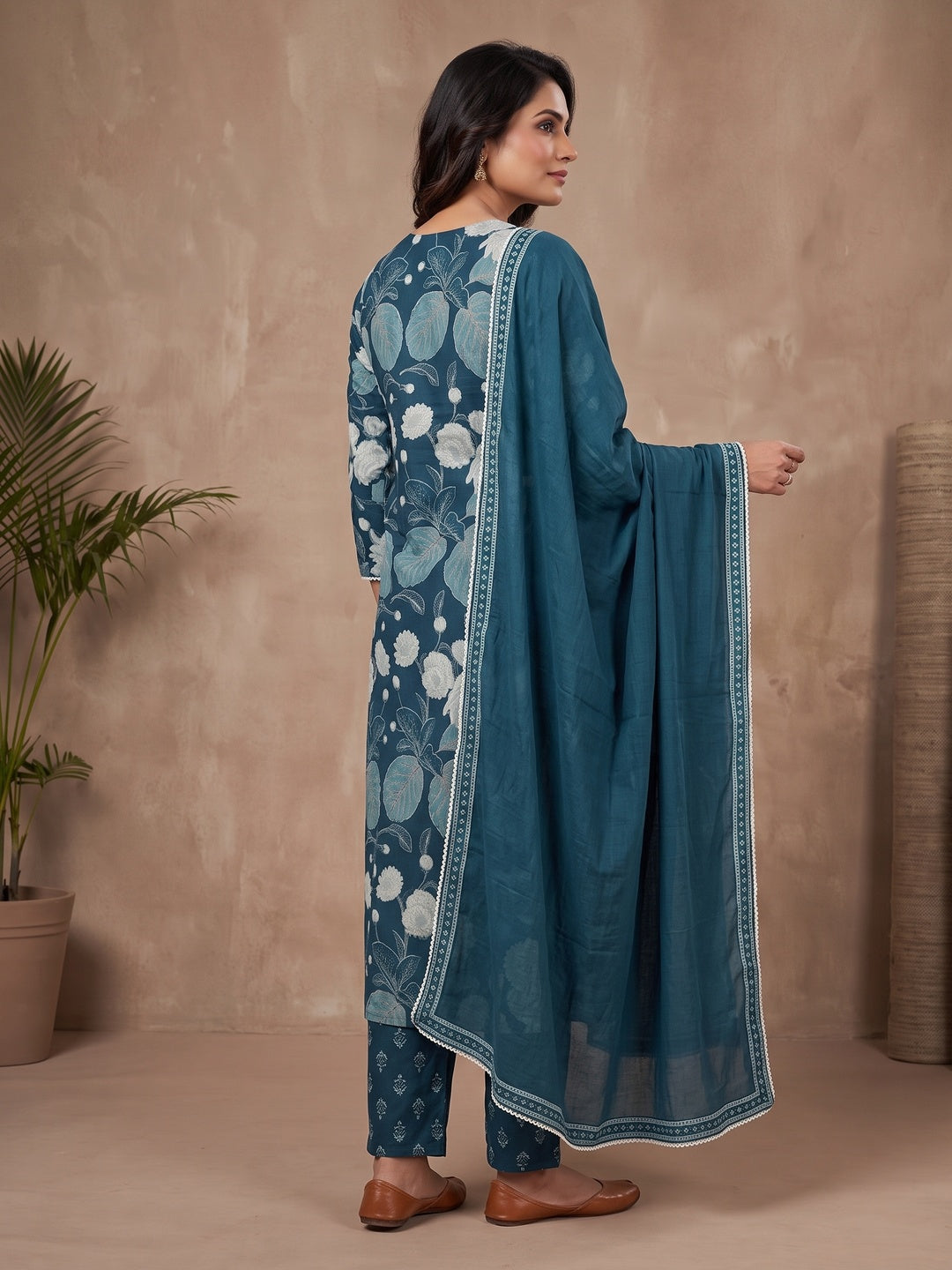 Teal Cambric Cotton Floral Printed Salwar Suit Set - Image 4