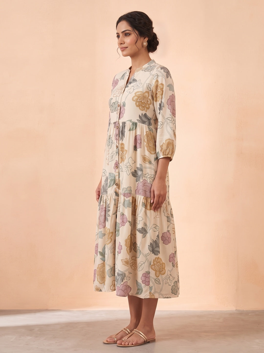 Off White Crepe Multicolor Floral Printed Midi Dress - Image 4