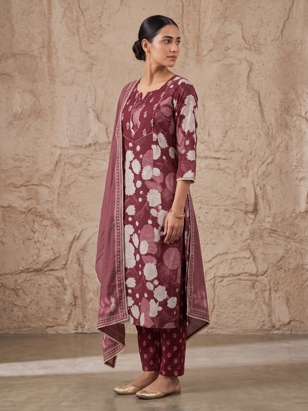 Maroon Cambric Cotton Floral Printed Salwar Suit Set - Image 4