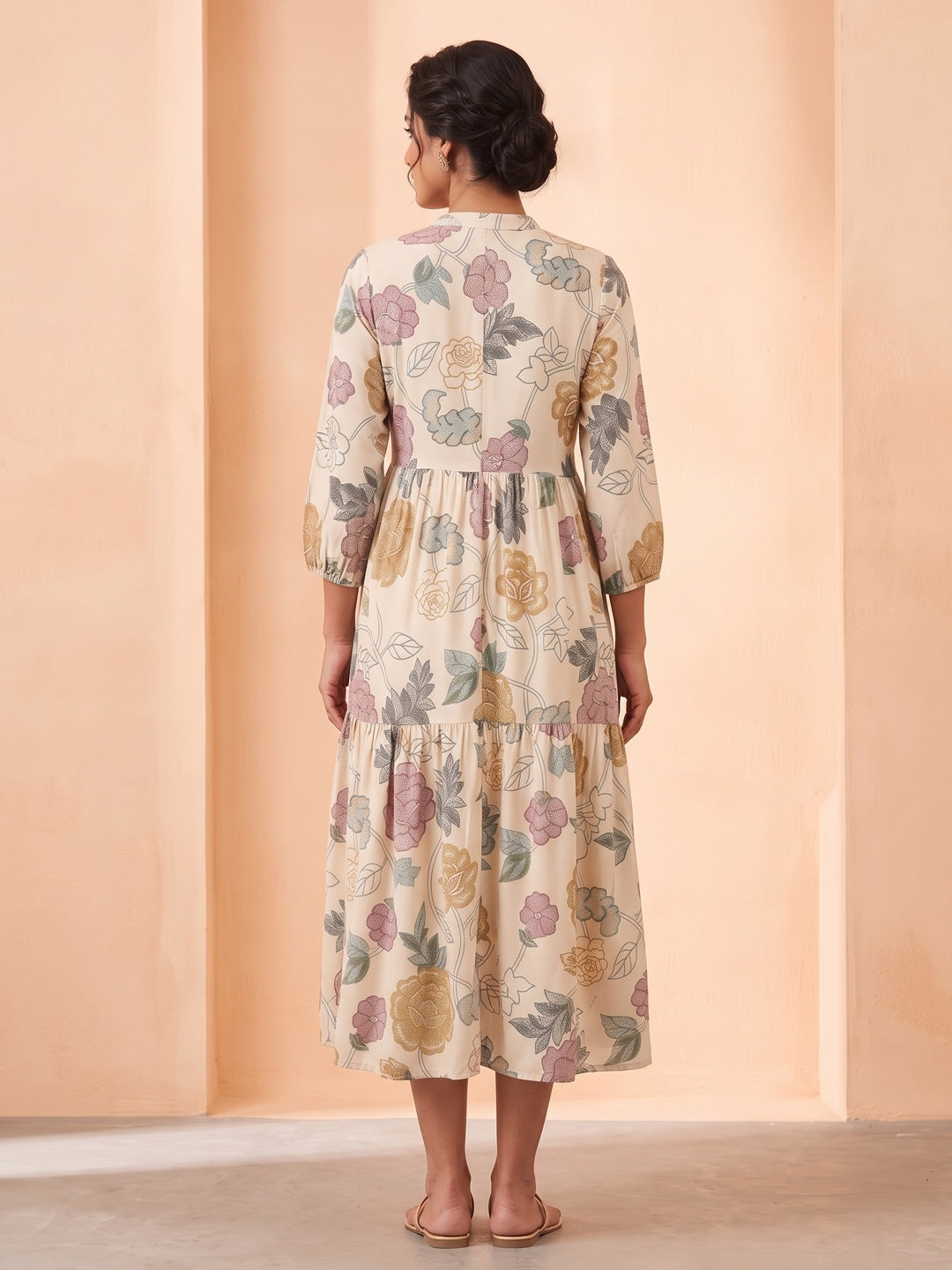 Off White Crepe Multicolor Floral Printed Midi Dress - Image 5