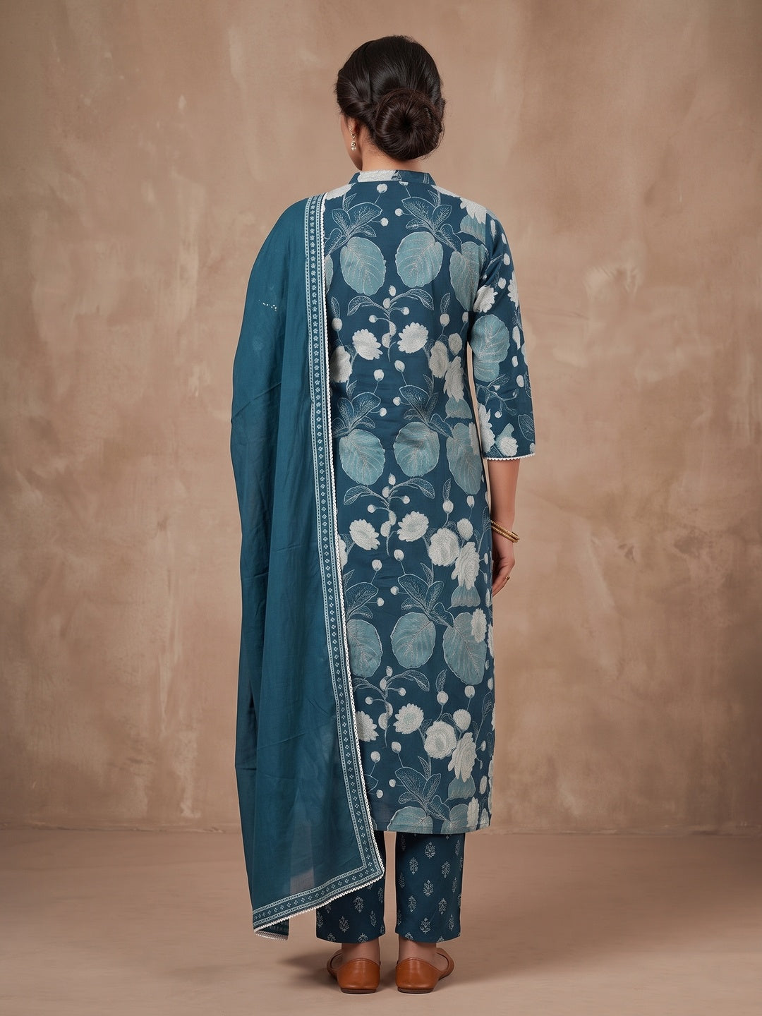 Teal Cambric Cotton Floral Printed Salwar Suit Set - Image 5