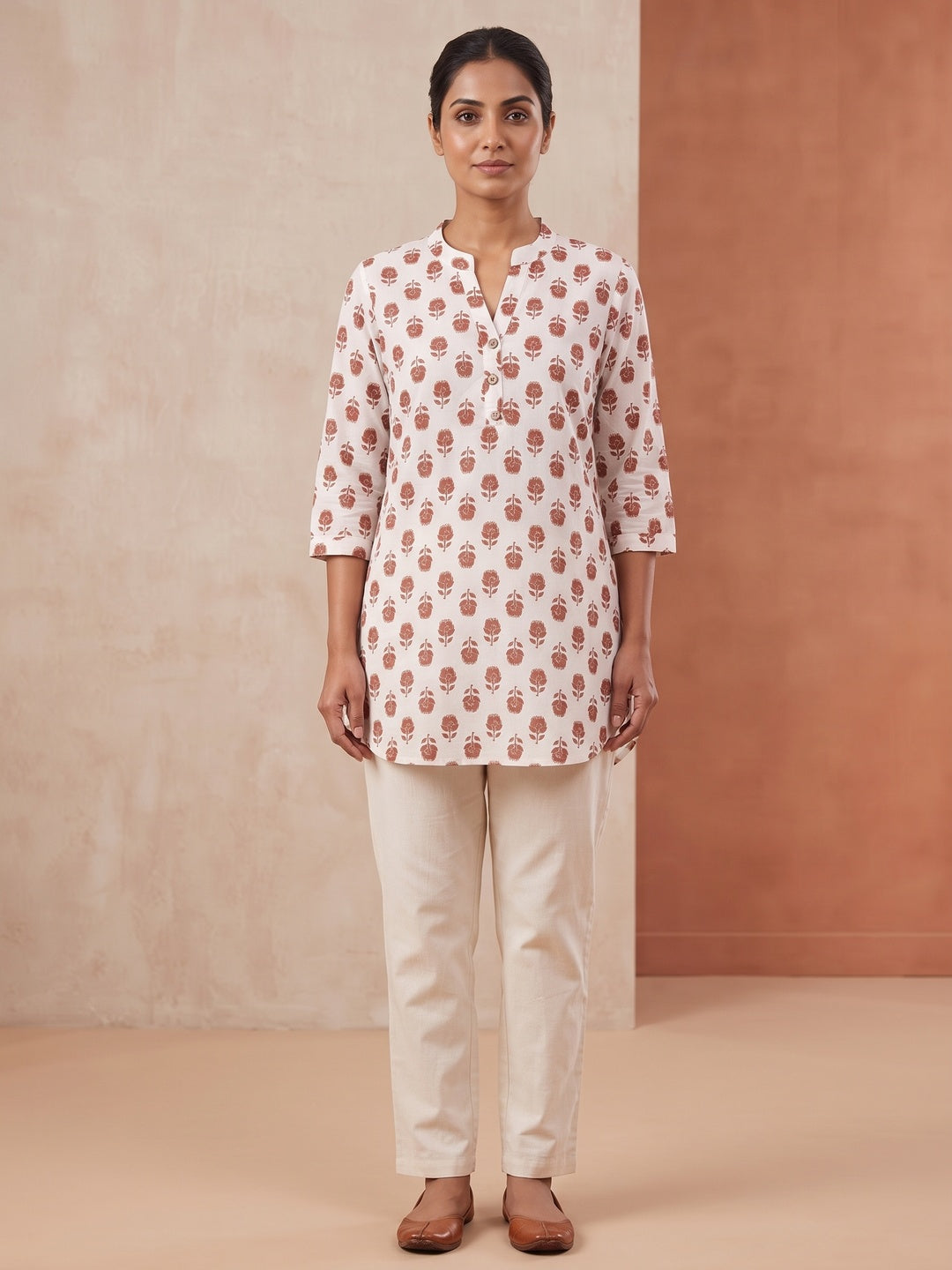 Rust and White Pure Cotton Floral Printed Top - Image 2