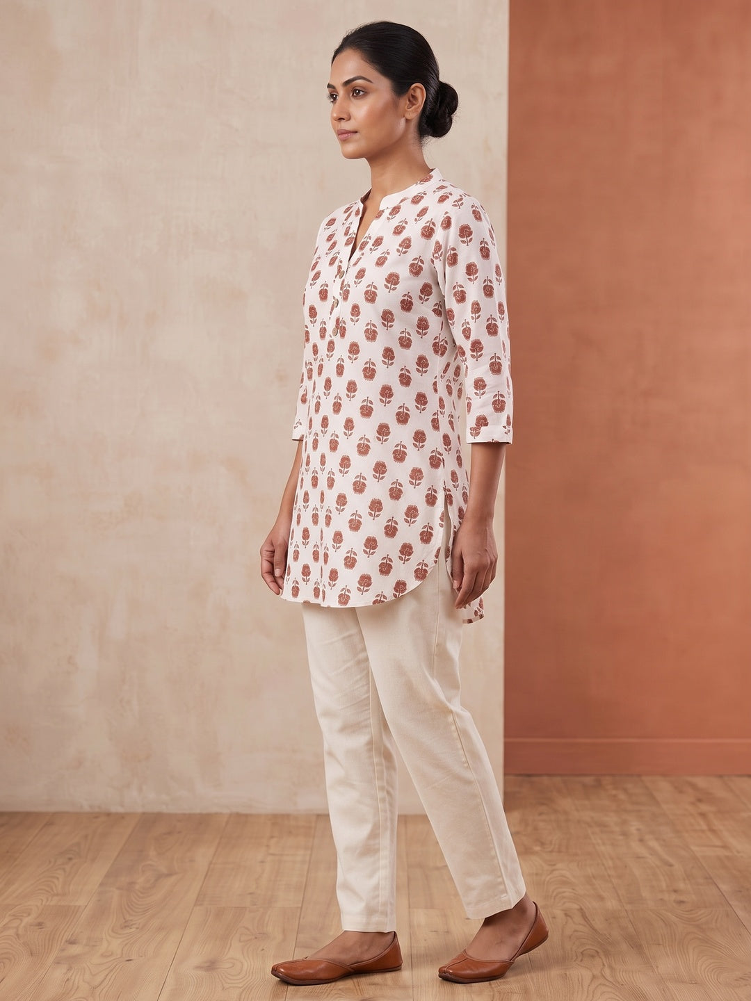 Rust and White Pure Cotton Floral Printed Top - Image 3