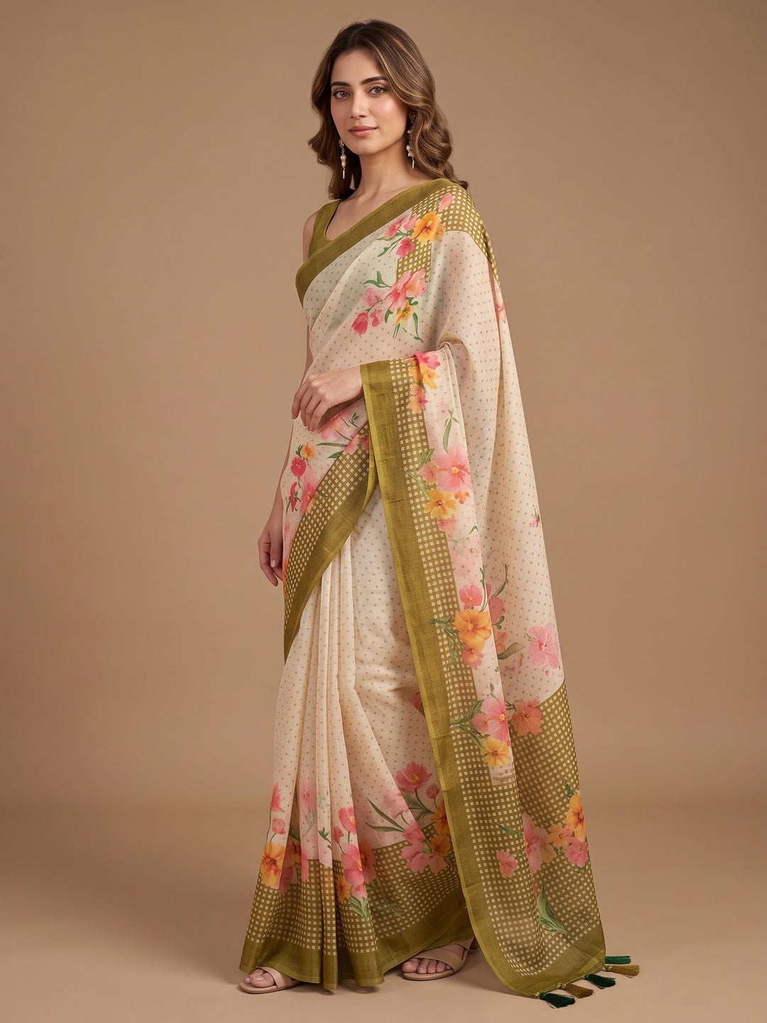 Peachmode Off White Olive Floral Soft Linen Saree - Image 3
