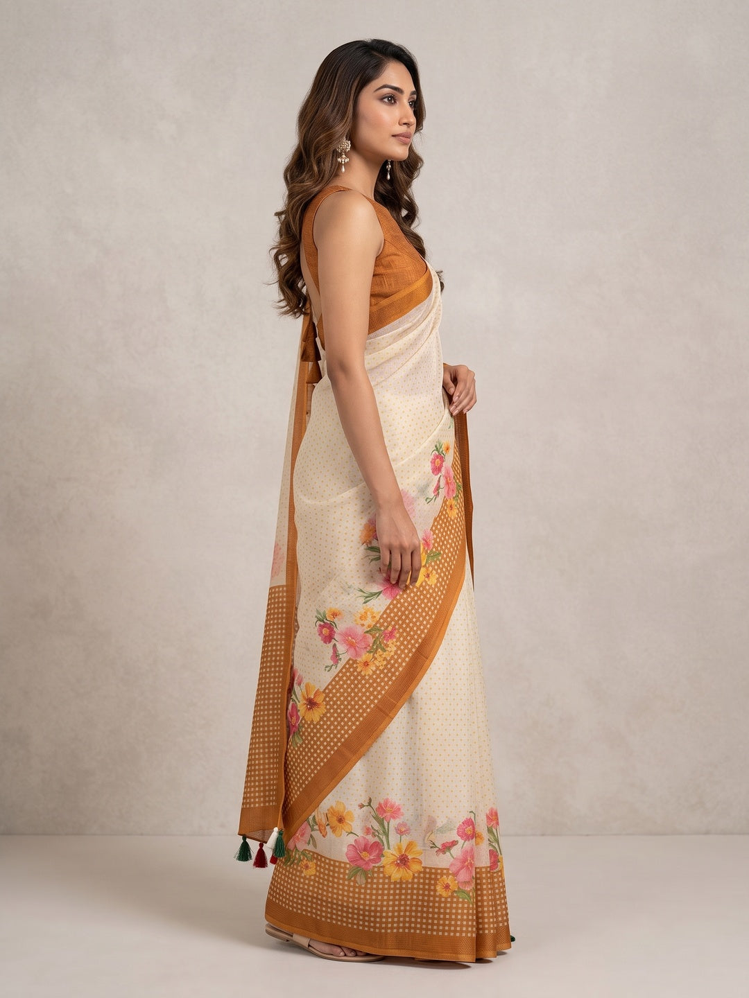Peachmode Off White Mustard Floral Soft Linen Saree - Image 3