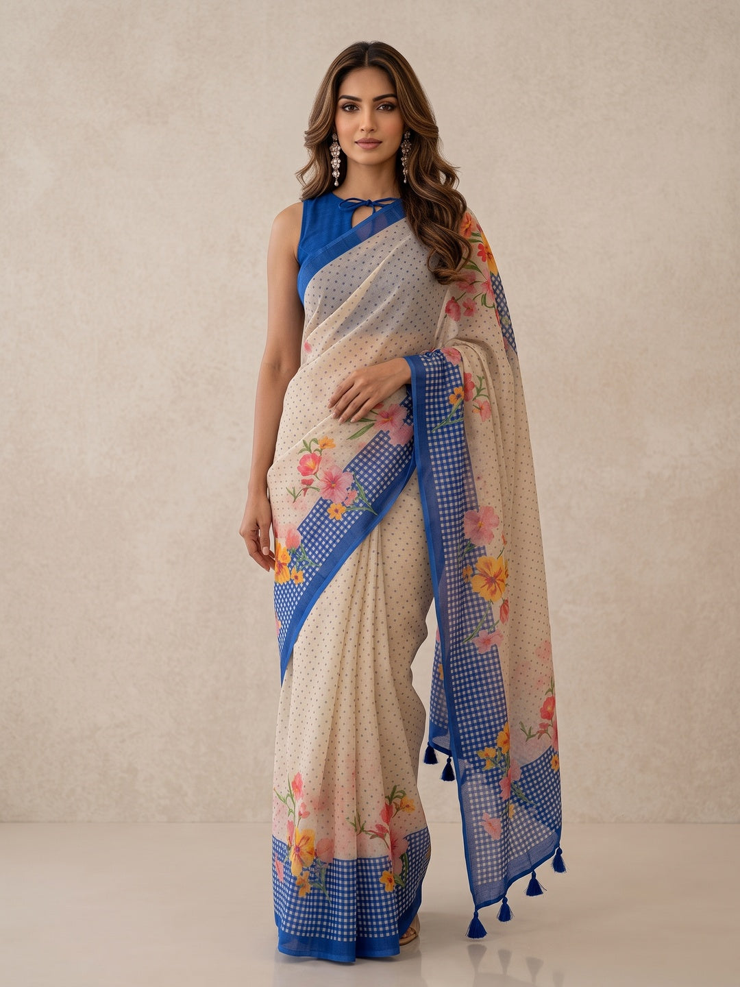 Peachmode Off White Blue Floral Soft Linen Saree - Image 1