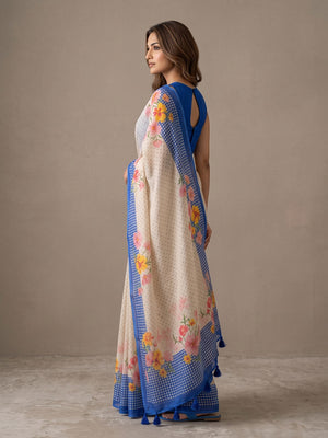 Peachmode Off White Blue Floral Soft Linen Saree - Image 2