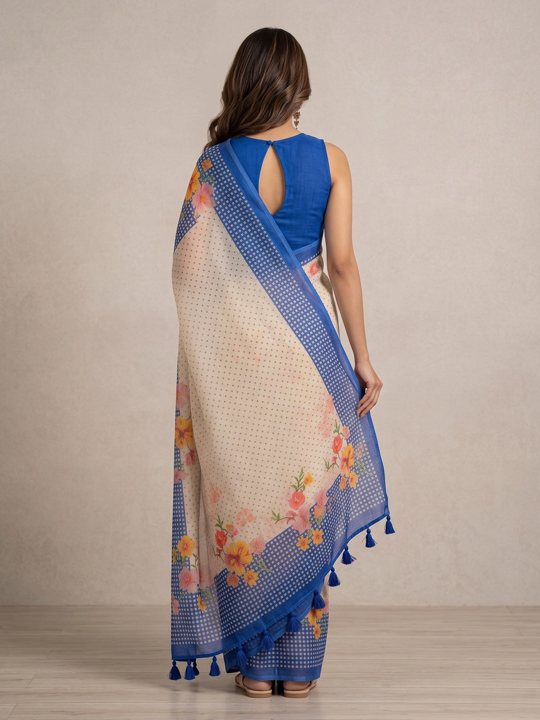 Peachmode Off White Blue Floral Soft Linen Saree - Image 4