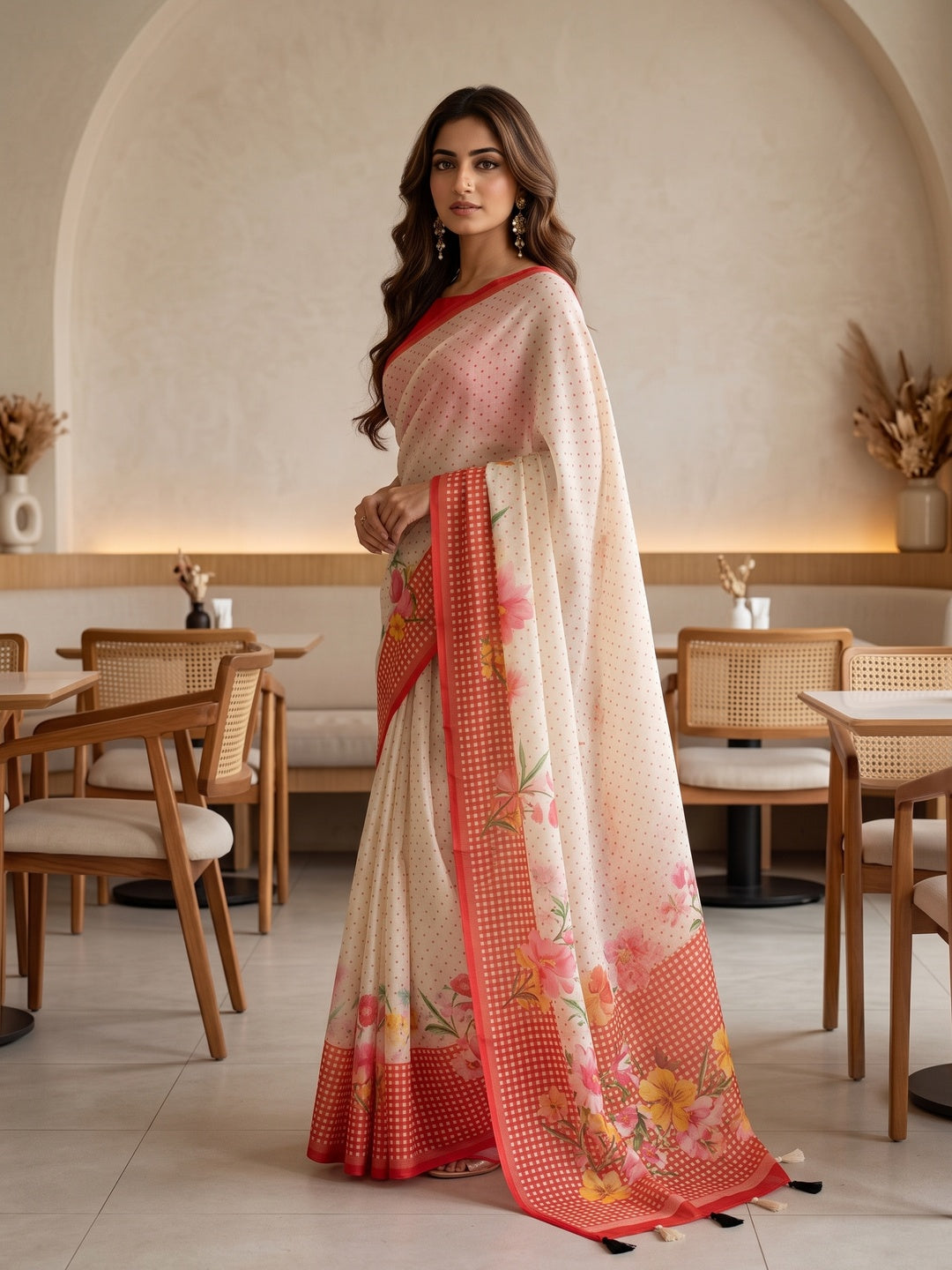 Peachmode Off White Red Floral Soft Linen Saree - Image 3