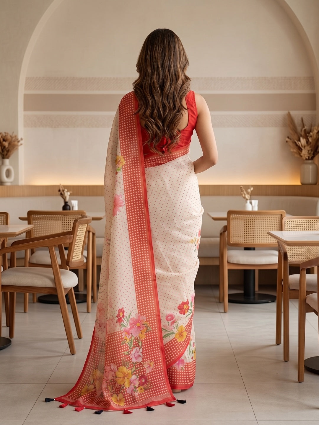 Peachmode Off White Red Floral Soft Linen Saree - Image 4
