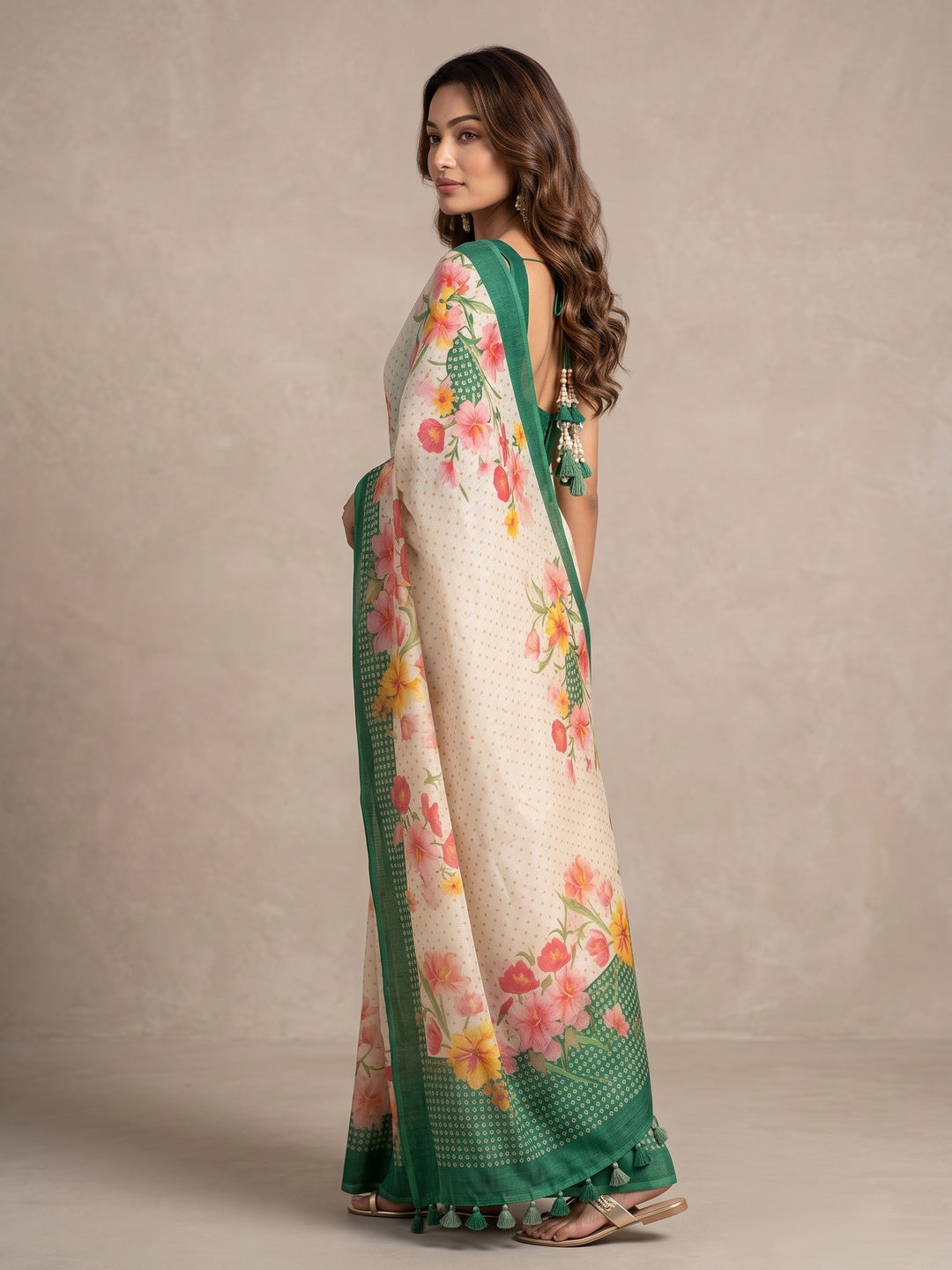 Peachmode Off White Green Floral Soft Linen Saree - Image 2
