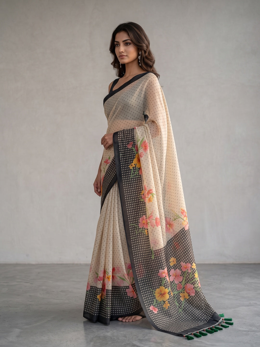 Peachmode Off White Black Floral Soft Linen Saree - Image 2