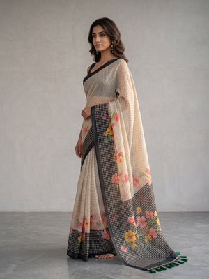 Peachmode Off White Black Floral Soft Linen Saree - Image 2