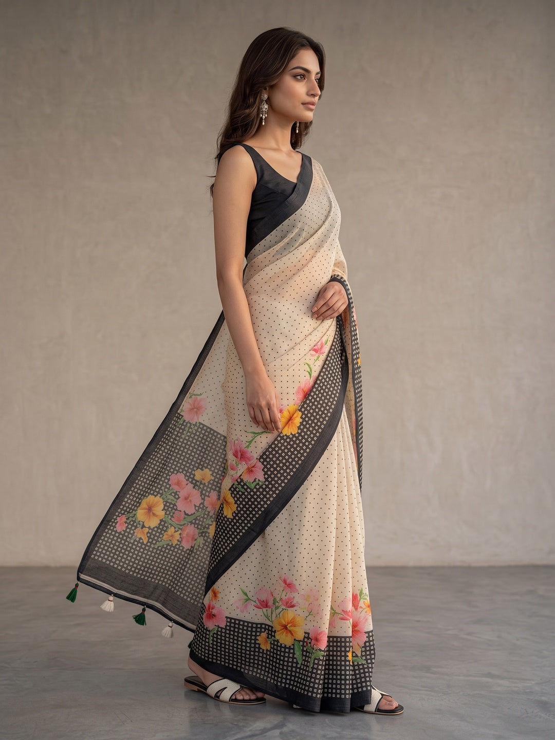 Peachmode Off White Black Floral Soft Linen Saree - Image 3