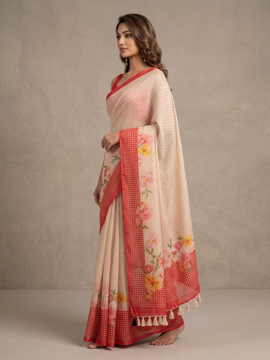 Peachmode Off White Orange Floral Soft Linen Saree - Image 2
