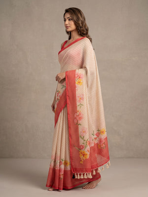 Peachmode Off White Orange Floral Soft Linen Saree - Image 2