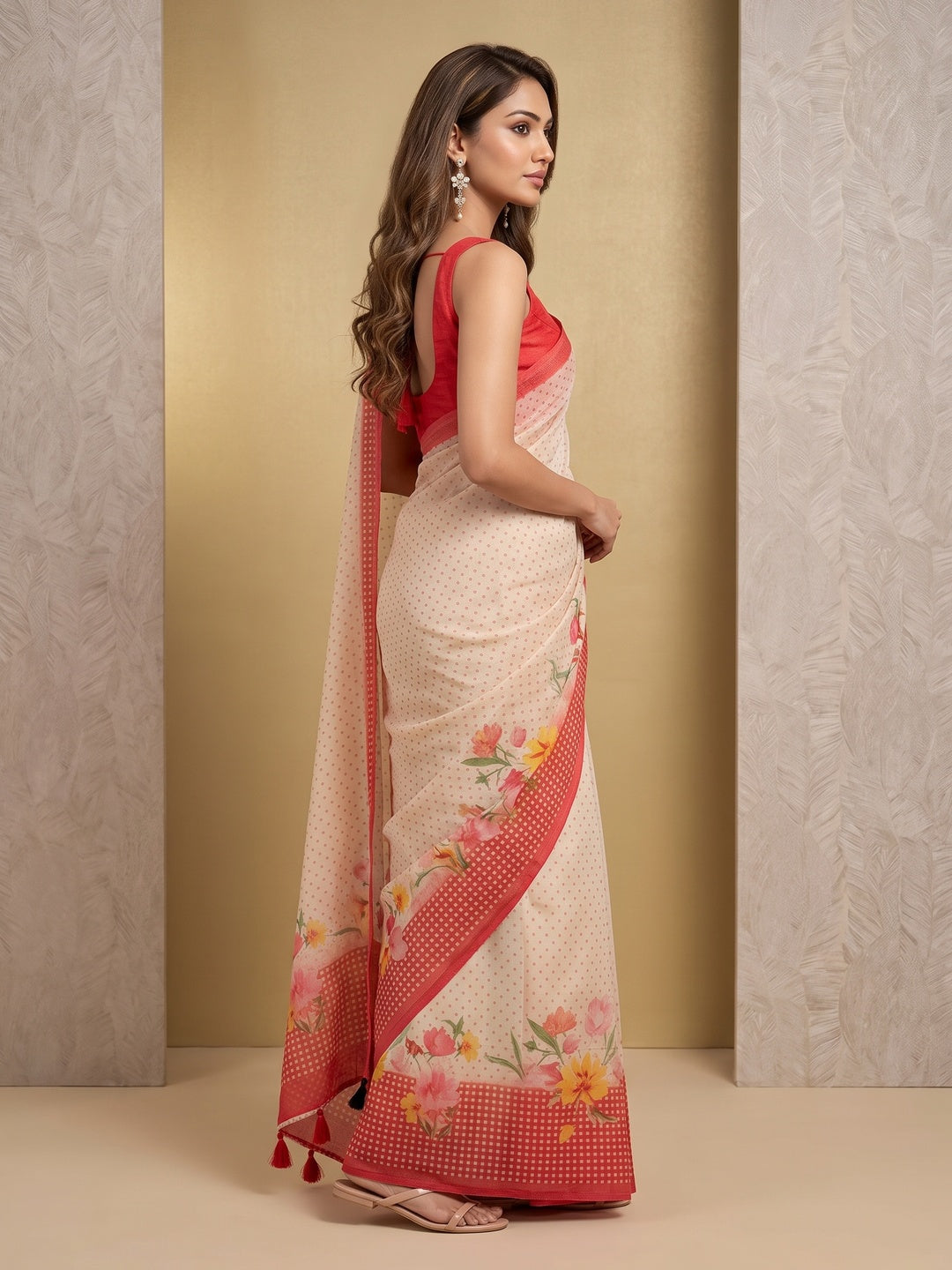 Peachmode Off White Orange Floral Soft Linen Saree - Image 3