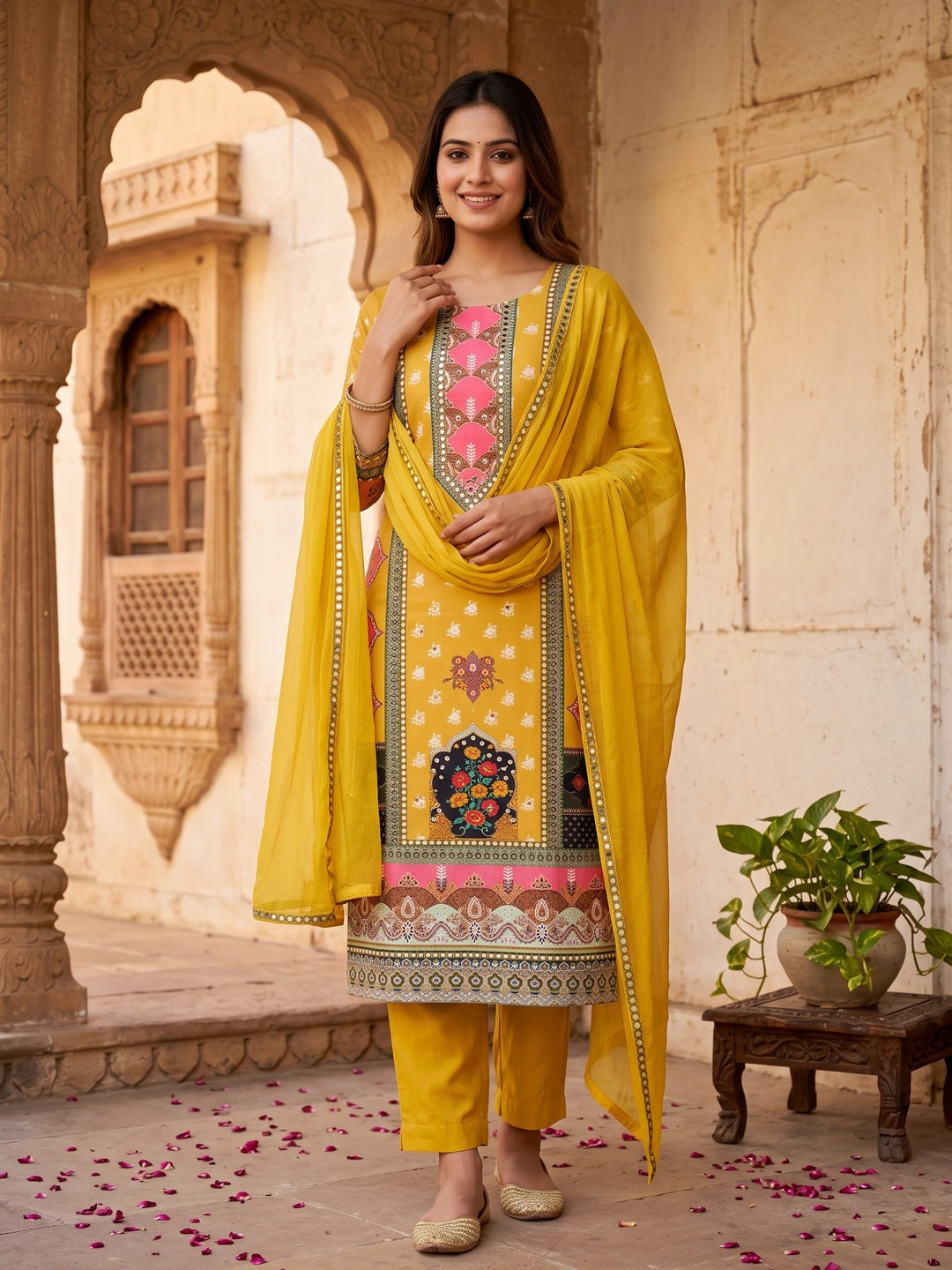 Yellow Floral Digital Printed Rayon Dress Material Enhanced With Mirror Work - Image 1