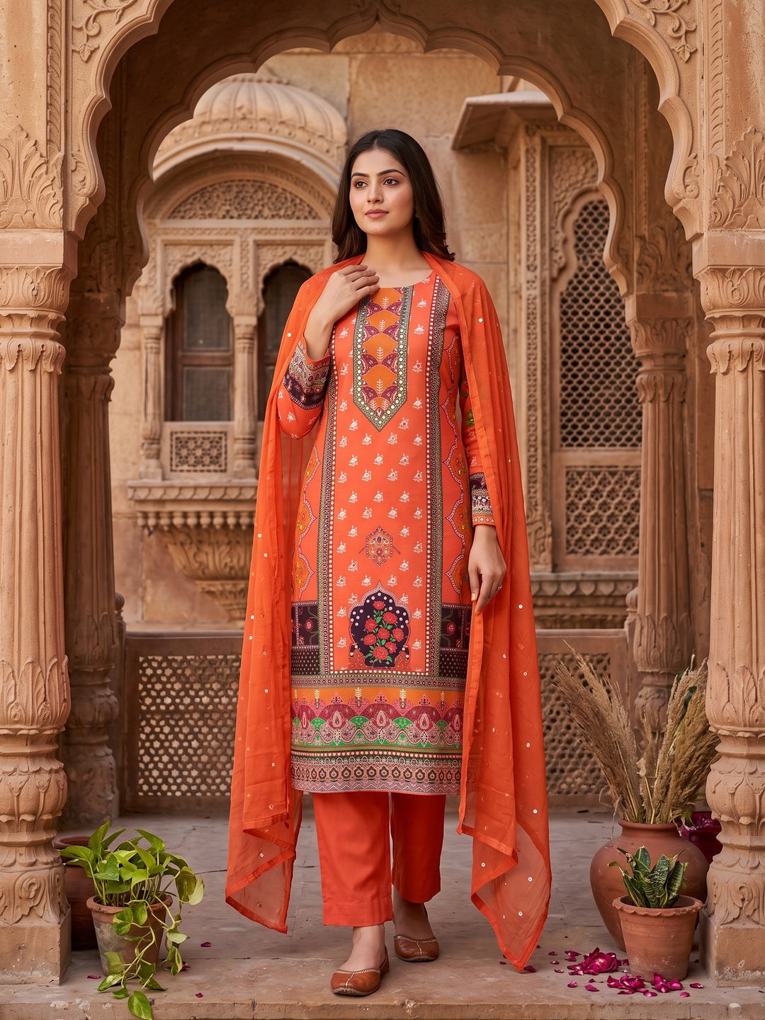 Orange Floral Digital Printed Rayon Dress Material Enhanced With Mirror Work - Image 1
