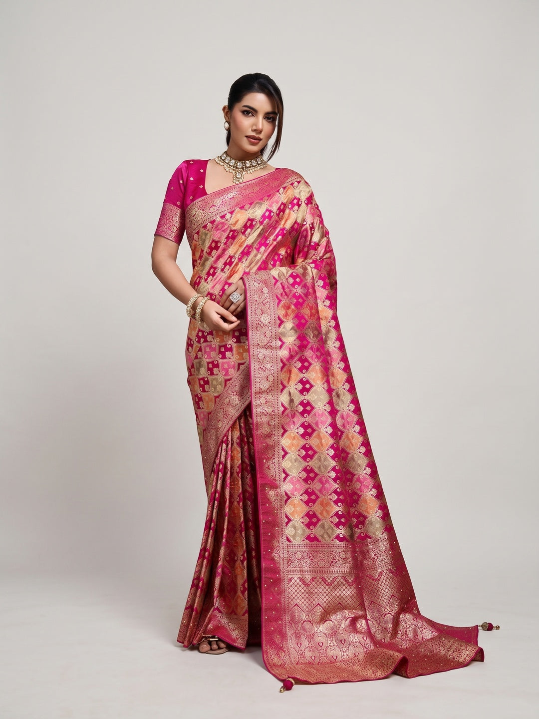 Peachmode Pink Satin Saree - Image 1