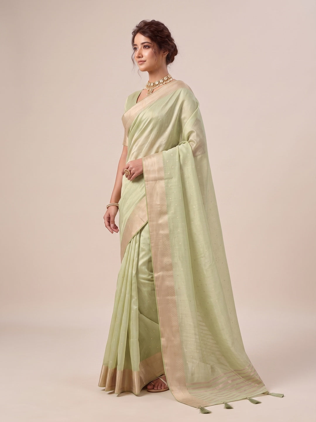Peachmode Green Linen Saree - Image 3