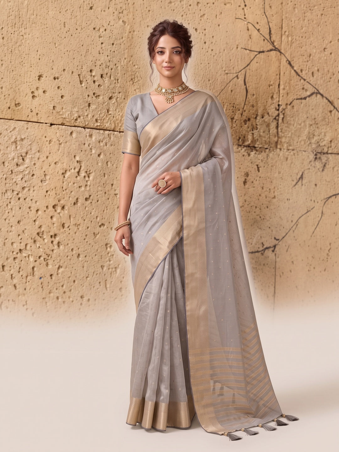 Peachmode Grey Linen Saree - Image 2