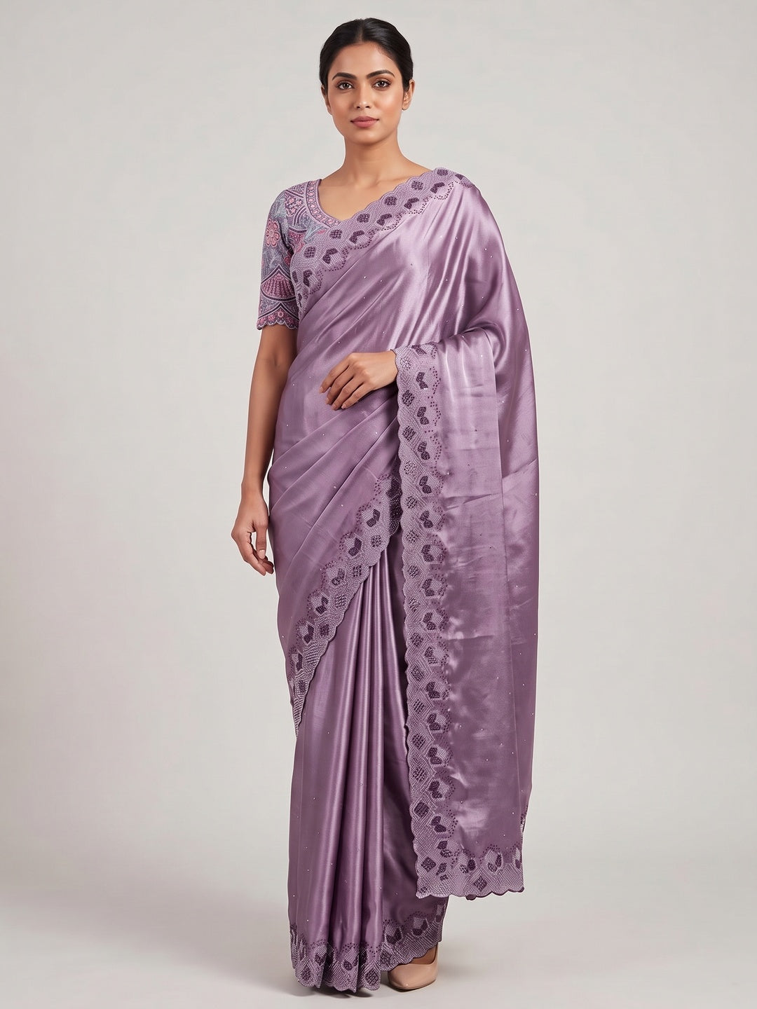 Elegant Lavender Vichitra Silk Saree Adorned with Sparkling Swarovski Work & Jarkan Border - Image 1