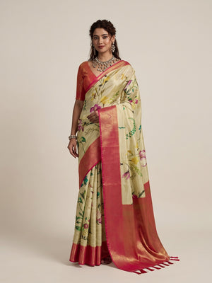 Peachmode Cream Silk Blend Saree - Image 1