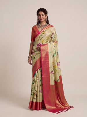 Peachmode Cream Silk Blend Saree - Image 2