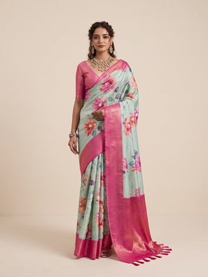 Peachmode Green Silk Blend Saree - Image 1