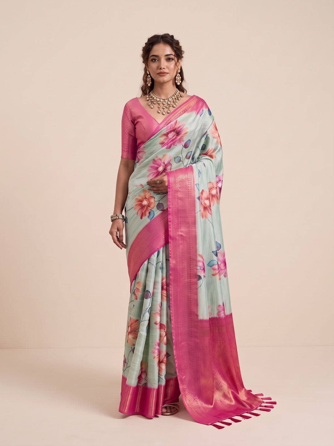 Peachmode Green Silk Blend Saree - Image 2
