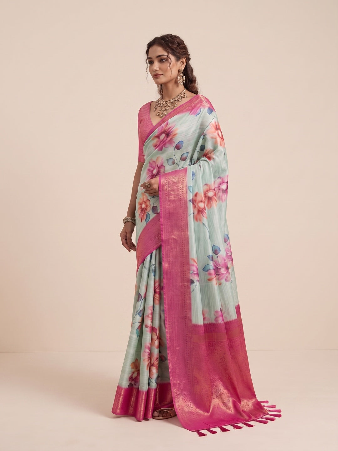 Peachmode Green Silk Blend Saree - Image 3