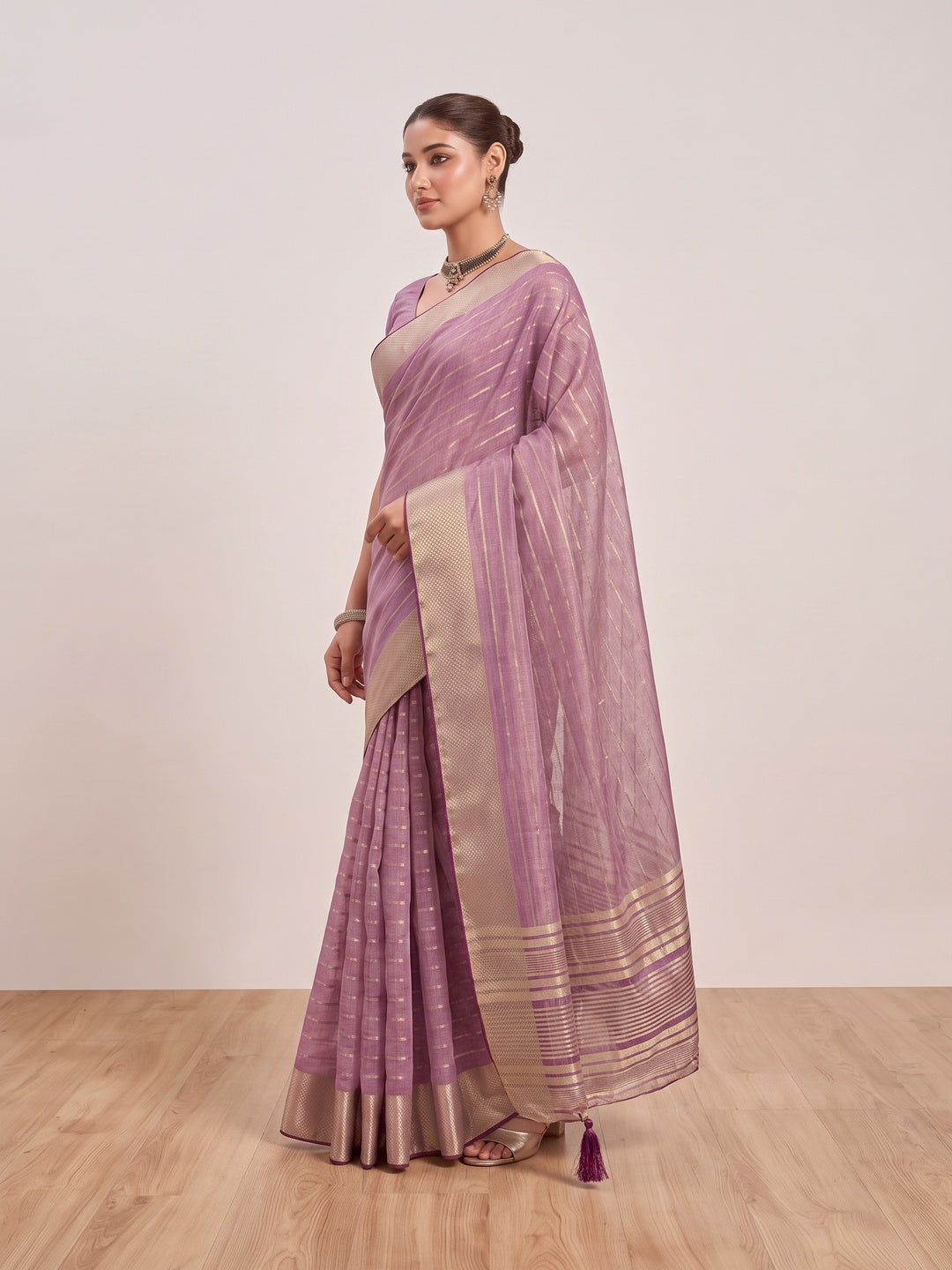 Peachmode Lavender Cotton Blend Saree - Image 4