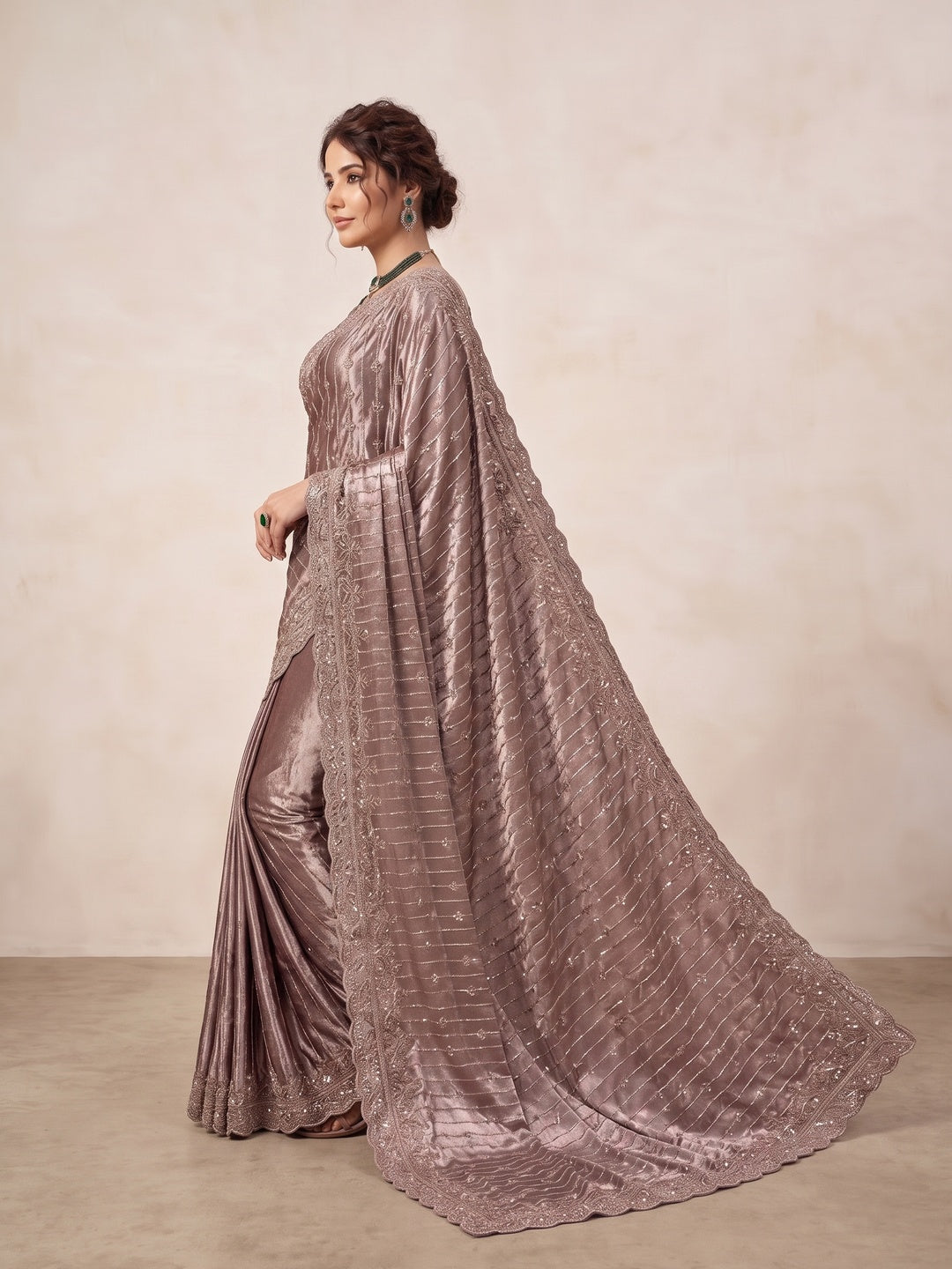 Peachmode Brown Satin Saree - Image 4