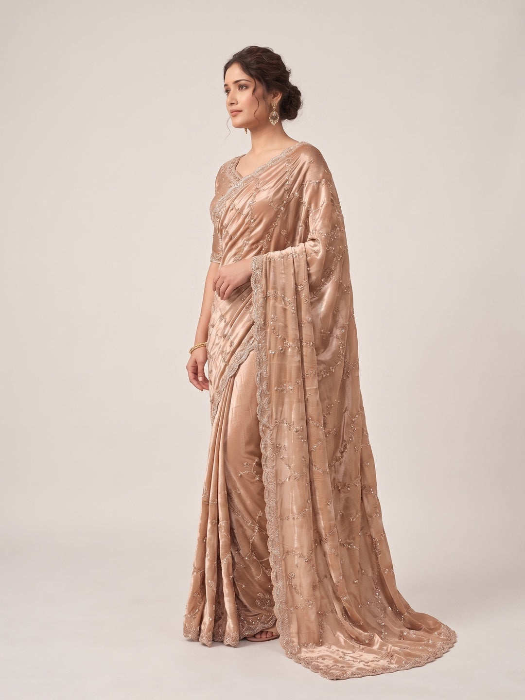 Peachmode Peach Satin Saree - Image 3
