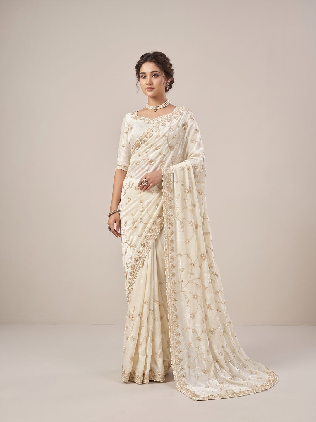Peachmode Cream Satin Saree - Image 1