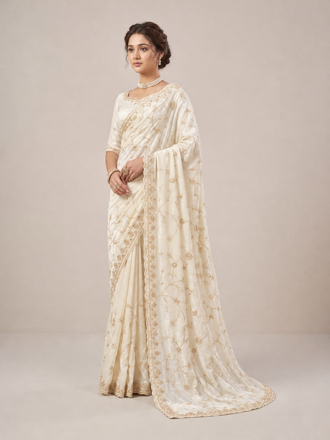 Peachmode Cream Satin Saree - Image 3